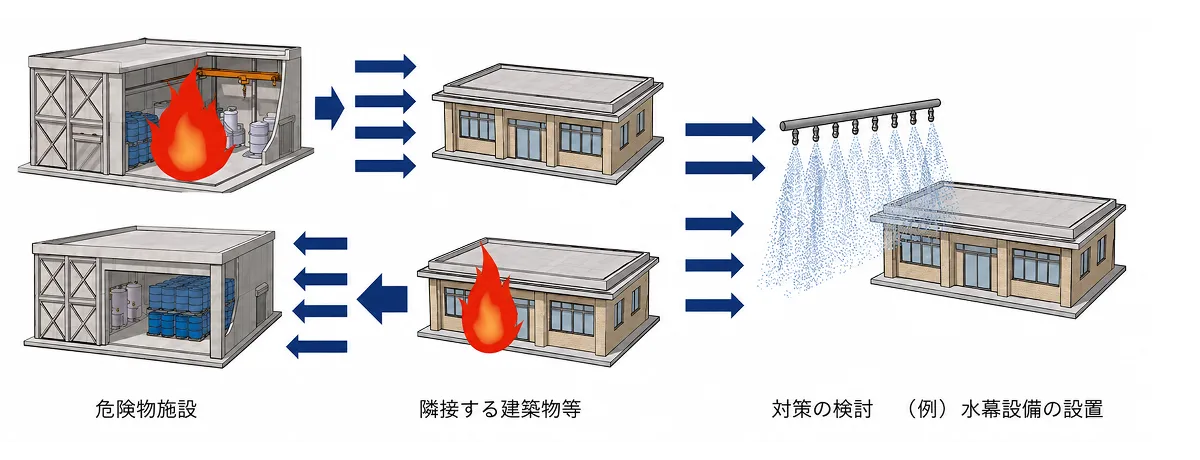 危険物施設と隣接建物等の間で、火災発生時に相互に受ける影響の評価イメージ